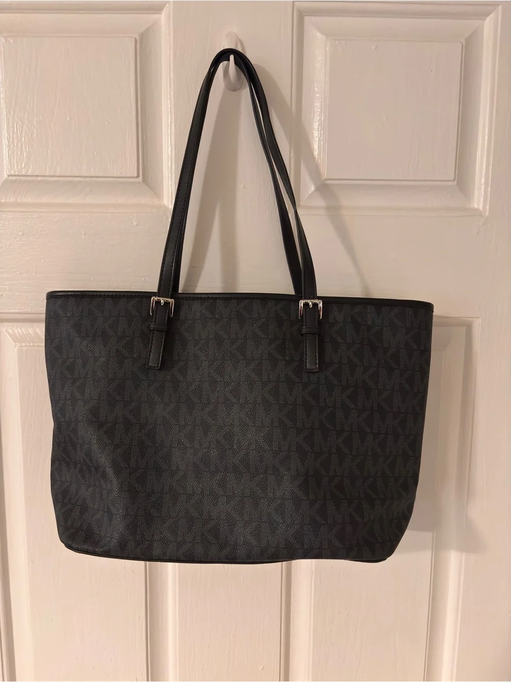 Michael Kors Black MK Monogram Tote with Silver Accent Charm